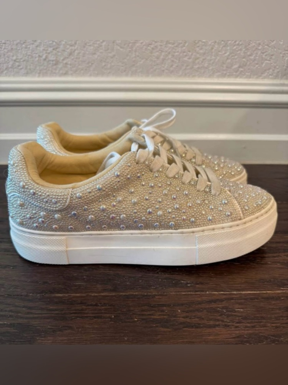 Betsey Johnson Cream Pearl-Studded Platform Sneakers